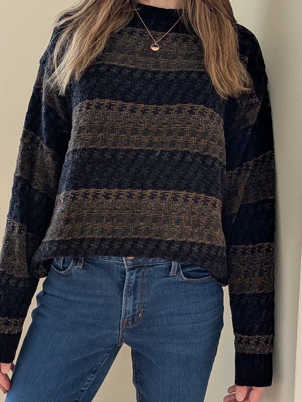 Vintage Striped Abstract Geometric Crewneck Sweater In Black/Tan
